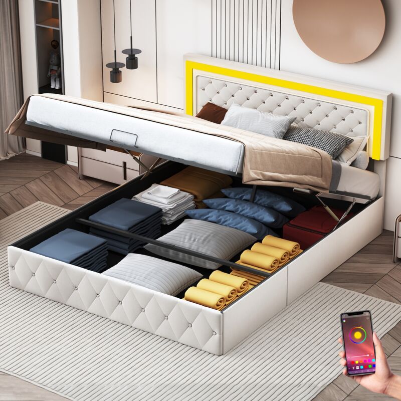 Lit coffre 160x200 cm, avec éclairage led, hydraulique de rangement, boutons en cristal artificiel, sommier à lattes, lit capitonné en velours - Beige