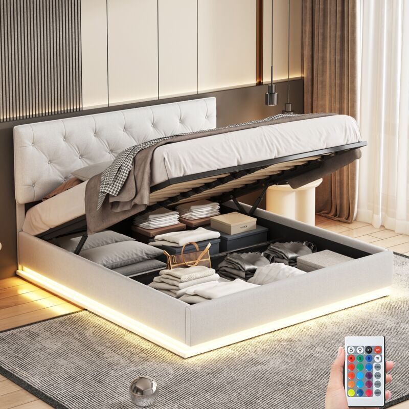 Lit coffre 160x200 cm, avec éclairage led, hydraulique de rangement, sommier à lattes en bois, cadre en métal, lit capitonné en lin - Beige