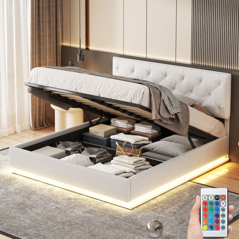 Lit coffre 140x200 cm, avec éclairage led, hydraulique de rangement, sommier à lattes en bois, cadre en métal, lit capitonné en lin - Beige