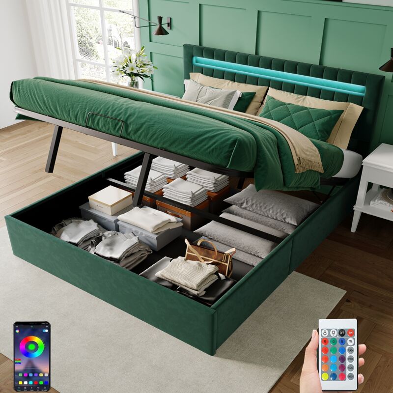 Lit coffre 140x200 cm, avec éclairage led, hydraulique de rangement, sommier à lattes en bois, cadre en métal, lit capitonné en Velours - Vert