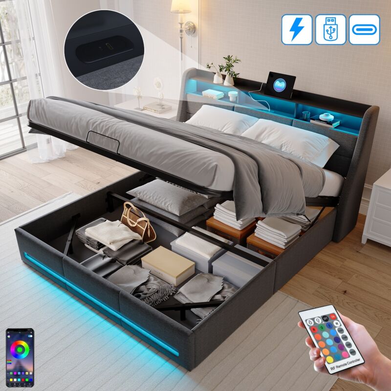 Lit coffre 140x190 cm, 2 places, avec led, hydraulique de rangement, usb-a/c charge, sommier à lattes en bois, cadre en métal, lit capitonné en lin
