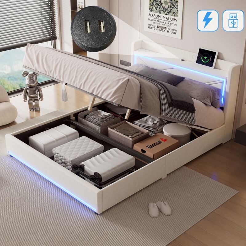 Dans Les Nuages - Lit coffre 160x200 cm, avec éclairage led, hydraulique de rangement, usb charge, sommier à lattes en bois, cadre en métal, lit