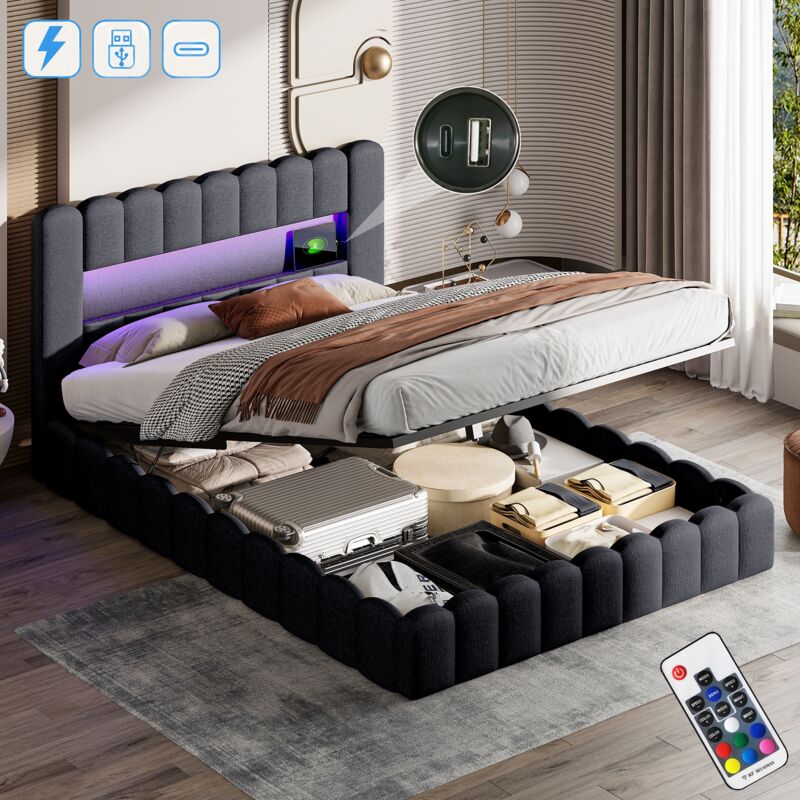 Lit coffre 140x200 cm, avec éclairage led, usb-a/c charge, hydraulique de rangement, sommier à lattes en bois, cadre en métal, lit capitonné en lin