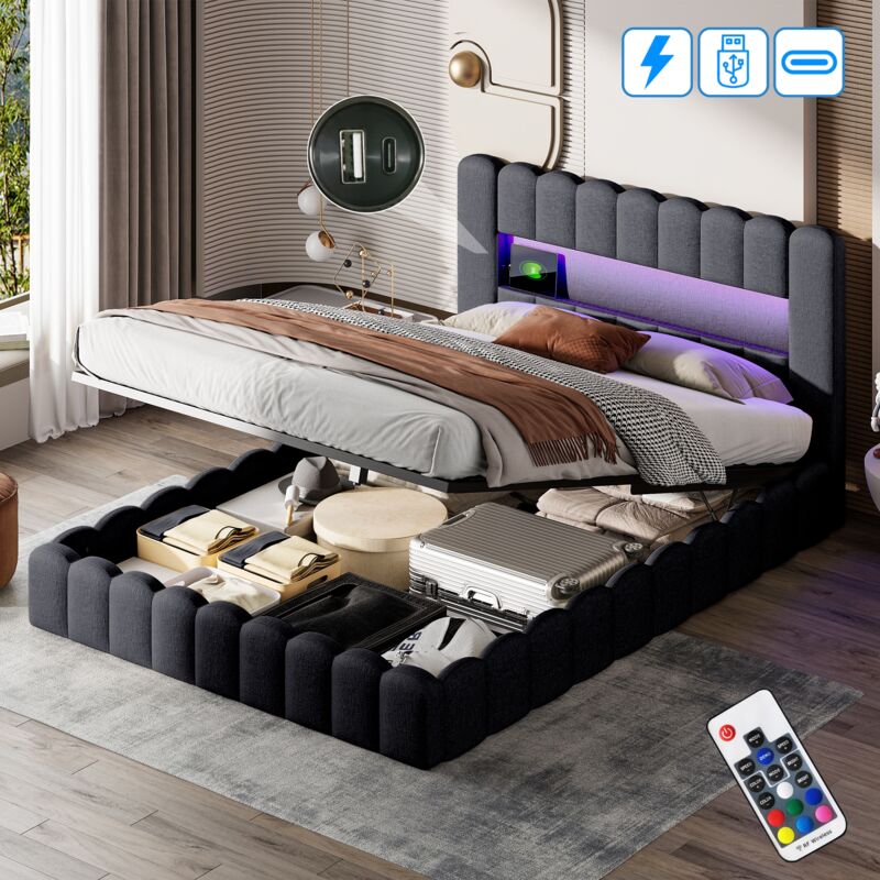 Dans Les Nuages - Lit coffre 160x200 cm, avec éclairage led, usb-a/c charge, hydraulique de rangement, sommier à lattes en bois, cadre en métal, lit