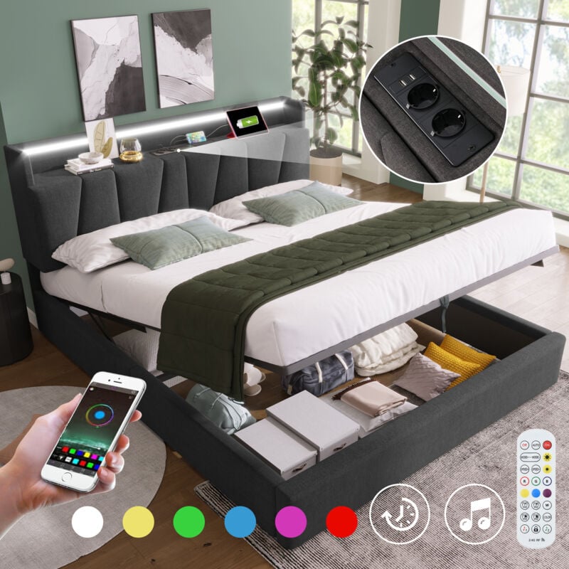 Modernluxe - Lit coffre 160x200cm - avec led et ports de chargement - tissu en lin - Gris