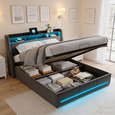 Lit Coffre 160x200cm avec LED ,Tête de Lit Capitonné avec USB/Type-C,Cadre de Lit Double Adulte Adolescent avec Sommier a Lattes,Lit 2 Place,Tissu Lin Gris
