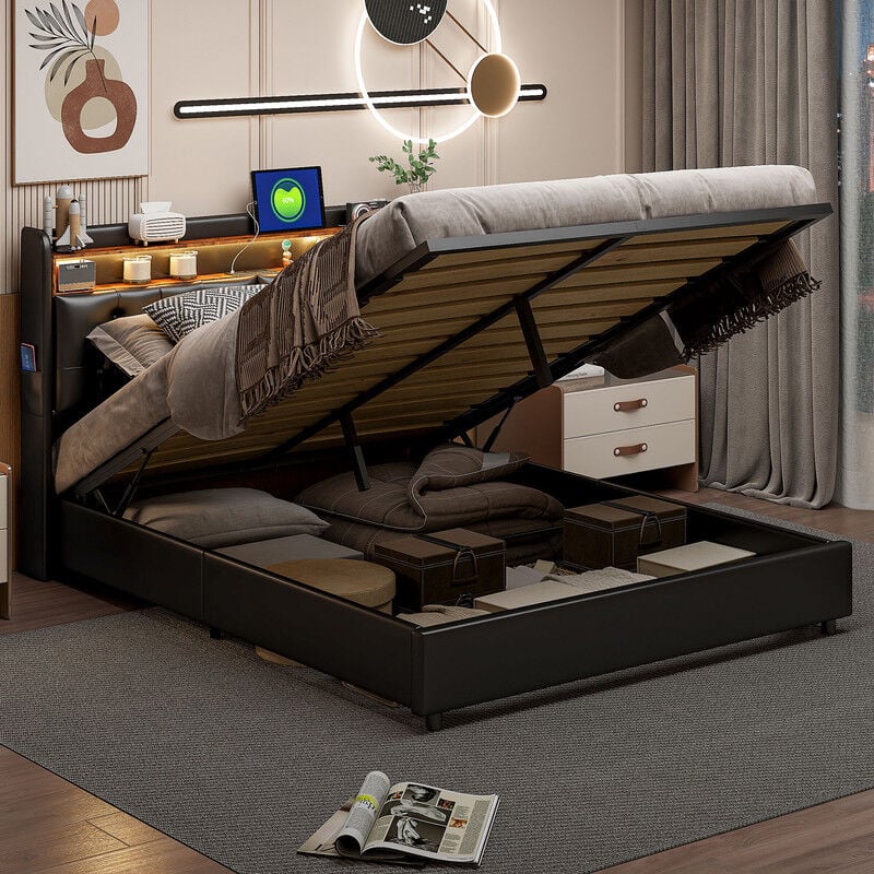 Blanketswarm - Lit Coffre 180x200cm avec Rangement, Lit rembourré 180x200, Lit capitonné avec sommier à lattes, Lit adulte avec tête de lit led