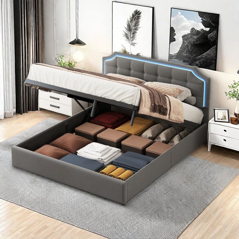 Lit coffre 140x200cm avec sommier à lattes,Lit double rembourré avec rangement,éclairage LED,chargement USB,lit adulte,gris