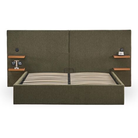 Lit-coffre 160x200cm avec tablettes et ports USB intégrés – Tissu vert résistant – Tête de lit XXL rembourrée – Coffre de rangement spacieux