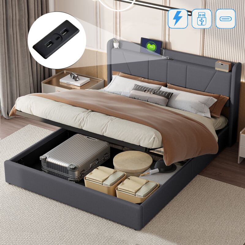 Lit coffre 160x200 cm, avec usb fonction de charge c, hydraulique de rangement, sommier à lattes en bois, cadre en métal, lit capitonné en lin - Gris