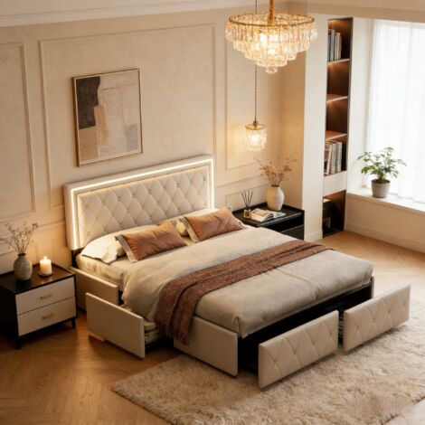 Lit coffre 160x200cm – Beige moderne – Cadre rembourré – Tête de lit rembourrée – LED – Sommier à lattes