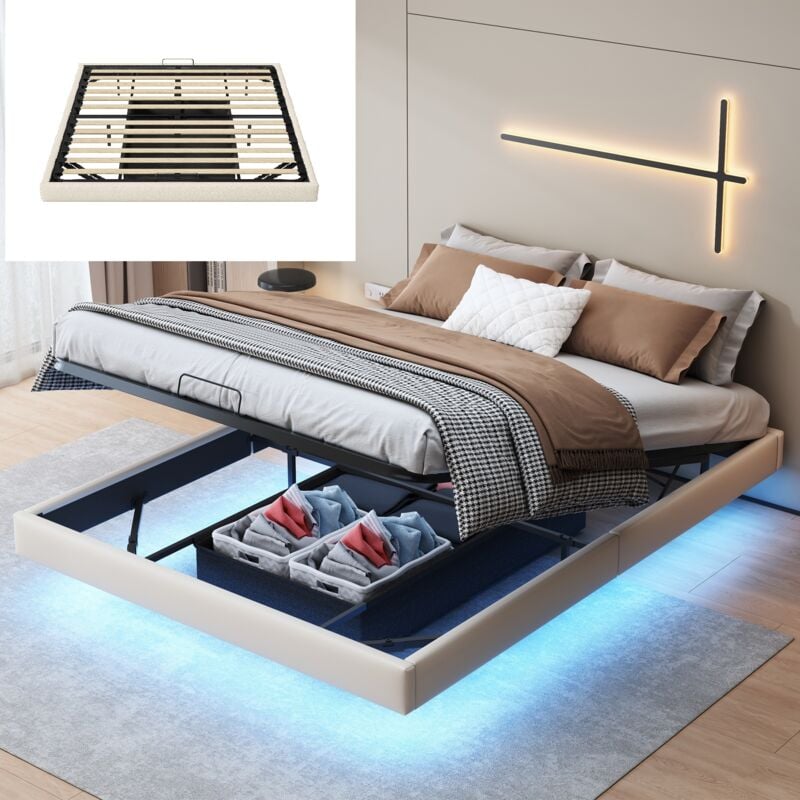 Lit coffre 160x200cm - cadre de lit double flottant en pu avec boîte en non-tissé, sommier à lattes, non tête de lit - Beige