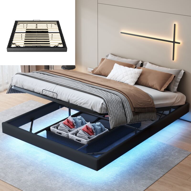 Lit coffre 160x200cm - cadre de lit double flottant en pu avec boîte en non-tissé, sommier à lattes, non tête de lit - Noir