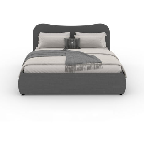 Lit coffre 160x200cm design arrondi velours côtelé gris PLANO