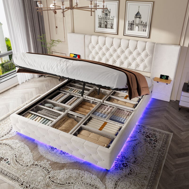 Lit coffre 160x200cm, led + 2 ports usb, Lit double adulte capitonné, tête de lit large, sans matelas, velours, beige