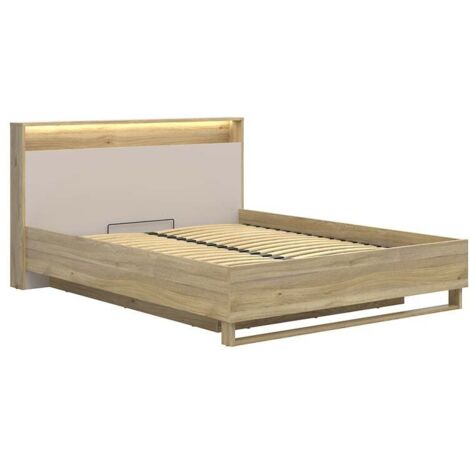 Lit coffre 160x200cm + LED avec sommier et rangement ,coloris Chêne mauvella/Beige - Longueur 218 x Profondeur 168 x Hauteur 100 cm