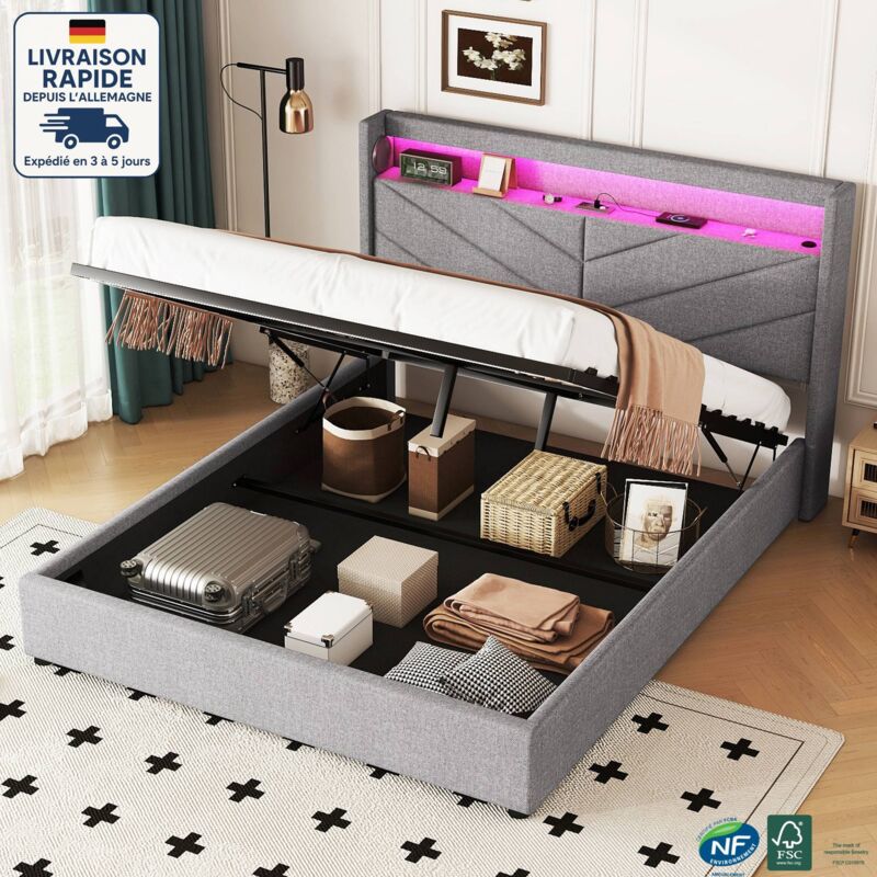 Lit coffre 160x200cm, lin, hydraulique, lumière d'ambiance à télécommande, lit double, usb, sans matelas, gris