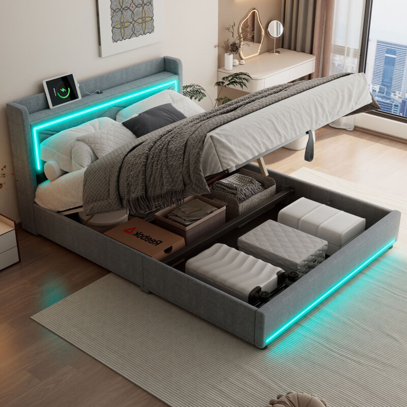 Modfu - Lit coffre 160x200cm, lin, lit double avec usb et led, lit adulte relevable et abaissé, sans matelas, gris
