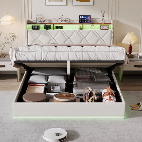 Lit coffre 160x200cm, lit adulte 160x200, lit 160x200 avec sommier LED et USB, tête de lit capitonné avec rangement ouverte, design rivets, Lin Beige