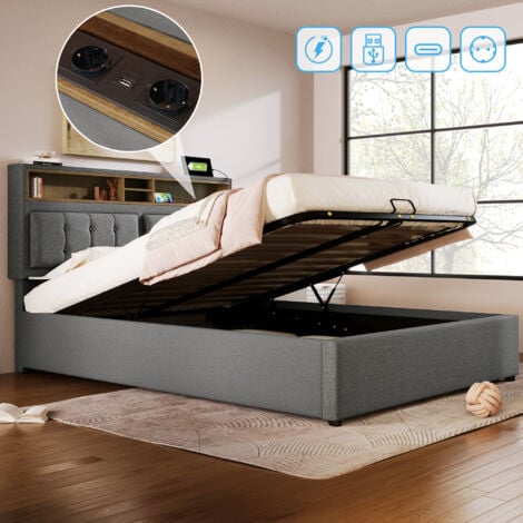 Lit coffre 160x200cm, lit adulte Rembourré Avec Prise USB et Tête de Lit, lit double, lin, Sans Matelas, gris