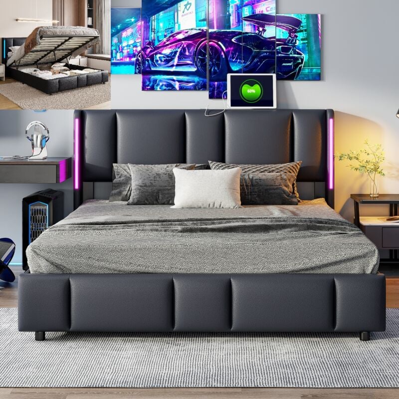 Lit coffre 160x200cm - lit double adulte avec sommier à lattes et tête de lit led avec port usb/c - cuir noir