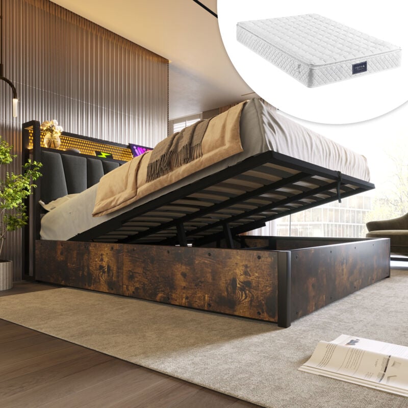 Lit coffre 160x200cm, lit double adulte rembourré, led + fonction de charge usb, lin, avec matelas, gris+marron