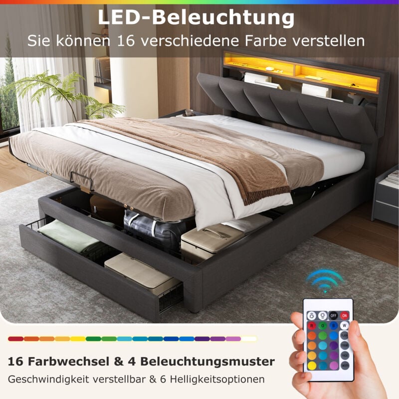 Lit coffre 160x200cm, lit double adulte tapissé avec led, avec tiroirs, tête de lit rangement, lin, sans matelas, gris