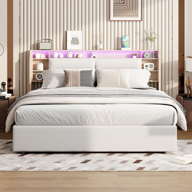 Lit coffre 140x200cm - lit double avec sommier à lattes et tête de lit avec led et étagères de rangement - en Bois et pu blanc