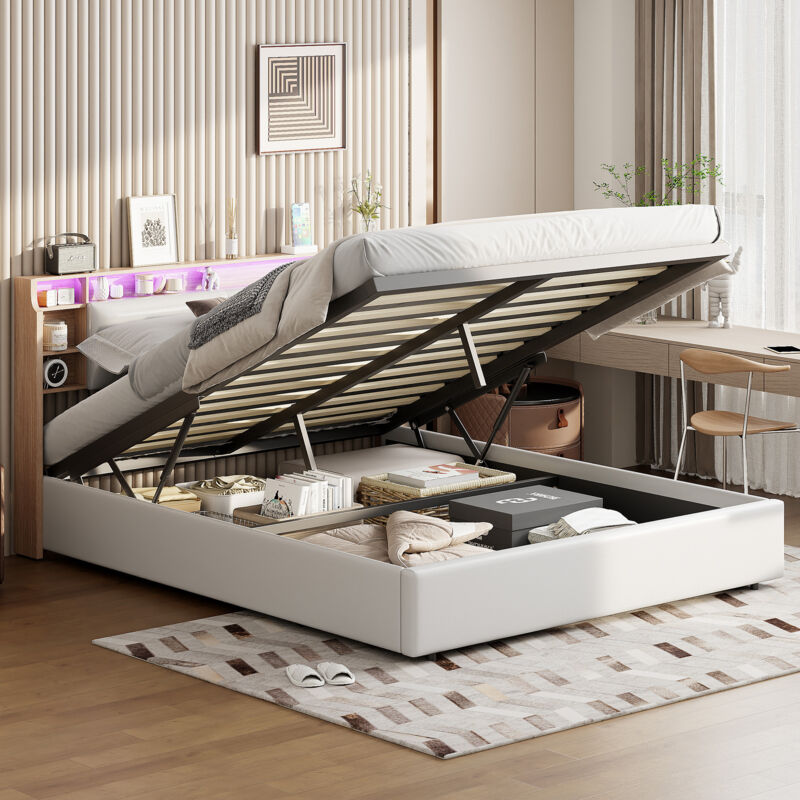 Lit coffre 160x200cm - lit double avec sommier à lattes et tête de lit avec led et étagères de rangement - en Bois et pu blanc