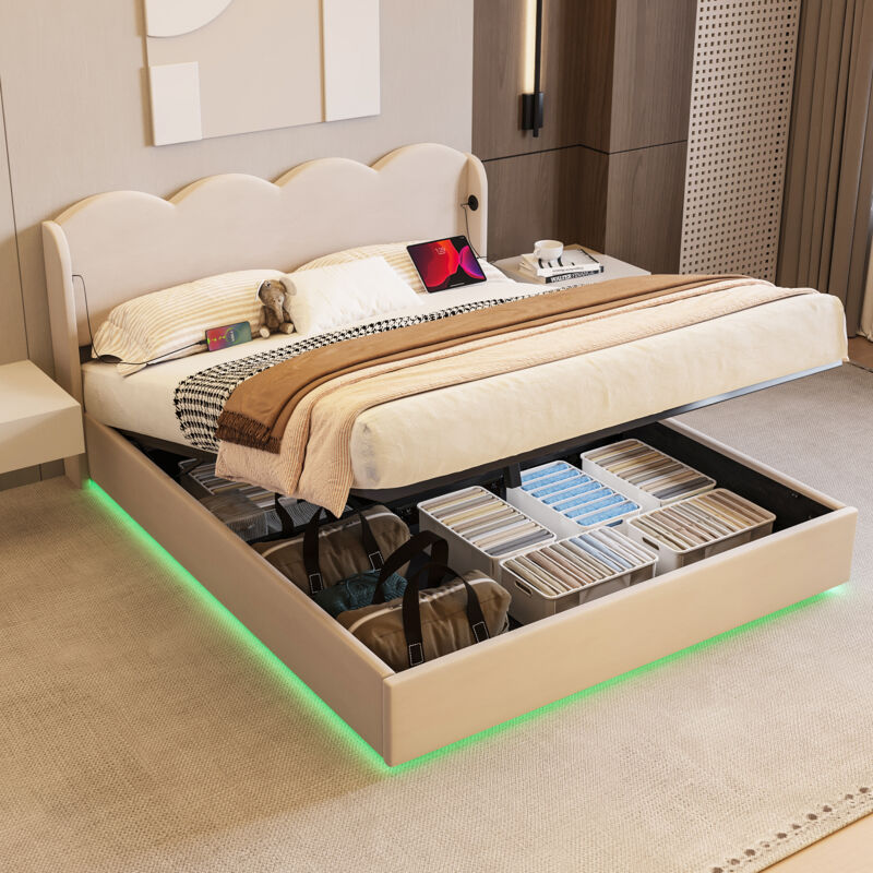 Lit coffre 140x200cm - lit double avec sommier à lattes et tête de lit en forme de nouilles et port usb+c - velours beige