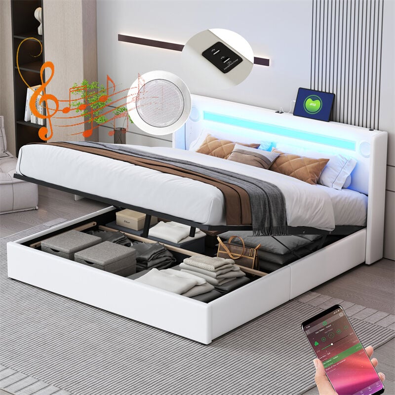 Fortuna Lai - Lit coffre 160x200cm - Lit double avec sommier à lattes, tête de lit led avec Bluetooth et port usb - en cuir pu Blanc