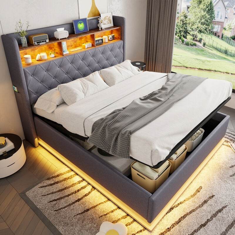 Lit coffre 160x200cm - lit double led avec sommier à lattes et tête de lit rangement avec port charge - lin gris