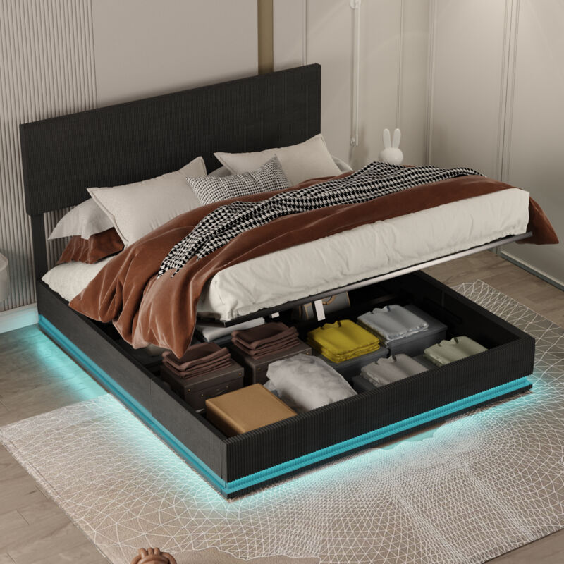 Lit coffre 160x200cm - Lit double led avec sommier à lattes, tête de lit réglable et port usb - en velours gris