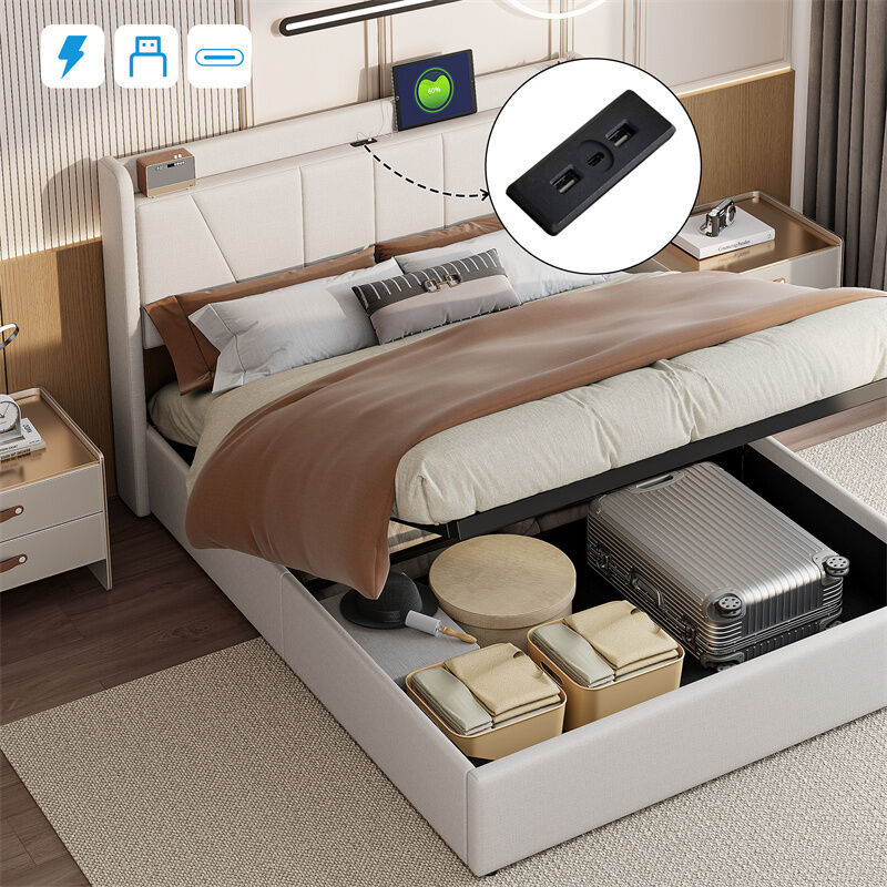 Fortuna Lai - Lit coffre 160x200cm, lit double rembourré avec sommier à lattes et tête de lit avec port USB/Type c, lin, beige