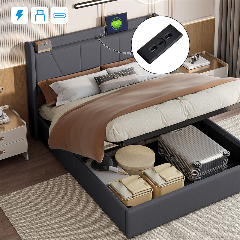 Fortuna Lai - Lit coffre 140x200cm, lit double rembourré avec sommier à lattes et tête de lit avec port USB/Type c, lin, gris
