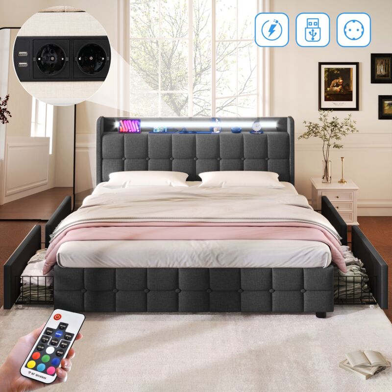 Lit double capitonné 160x200 cm, tissu lin, avec éclairage led, 4 tiroirs, fonction chargement usb, lit adulte style moderne - gris