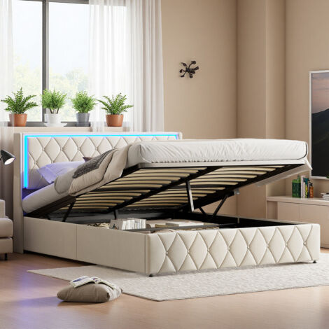 lit coffre 160x200cm, lit hydraulique, lit 2 personnes avec LED et USB, tete de lit capitonné avec étagères ouvertes, sommier à Lattes, velours, beige