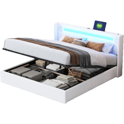 Lit coffre 160x200cm Lit rembourré double avec éclairage LED, haut-parleur Bluetooth et recharge USB - PU - blanc