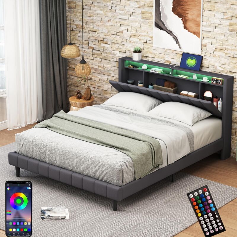 Dans Les Nuages - lit double capitonné 160x200 cm, tissu Lin, avec éclairage led, avec tête de lit de rangement, port de chargement - gris