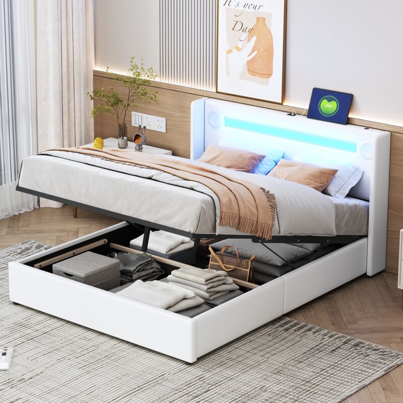 Lit coffre 140x200cm, sommier à lattes, tête de lit capitonnée avec éclairage led et chargement usb, Rangement, cadre de lit, Lit adulte simili cui