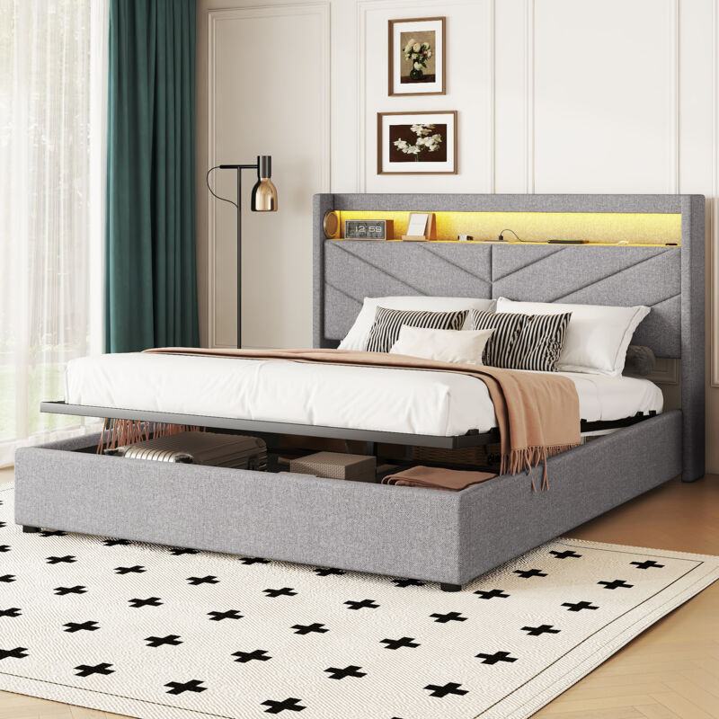 Modernluxe - Lit coffre 160x200cm - tissu en lin - avec led et prise usb - Gris