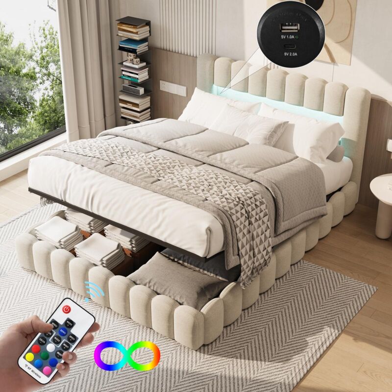 Lit coffre 180x200cm - tissu Lin, avec port de recharge usb et Type-C, tête de lit avec éclairage led, sommier à lattes, rangement hydraulique, lit