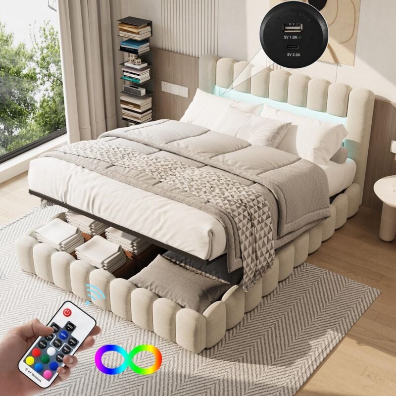 Lit coffre 140x200cm - tissu Lin, avec port de recharge usb et Type-C, tête de lit avec éclairage led, sommier à lattes, rangement hydraulique, lit