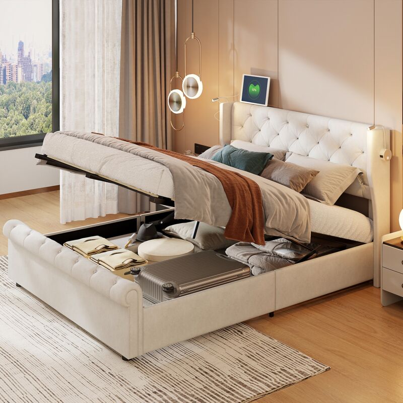 Lit coffre 160x200cm - velours, tête de lit avec 2 liseuses et recharge usb, lit double avec rangement, sommier à lattes, cadre de lit, lit adulte de