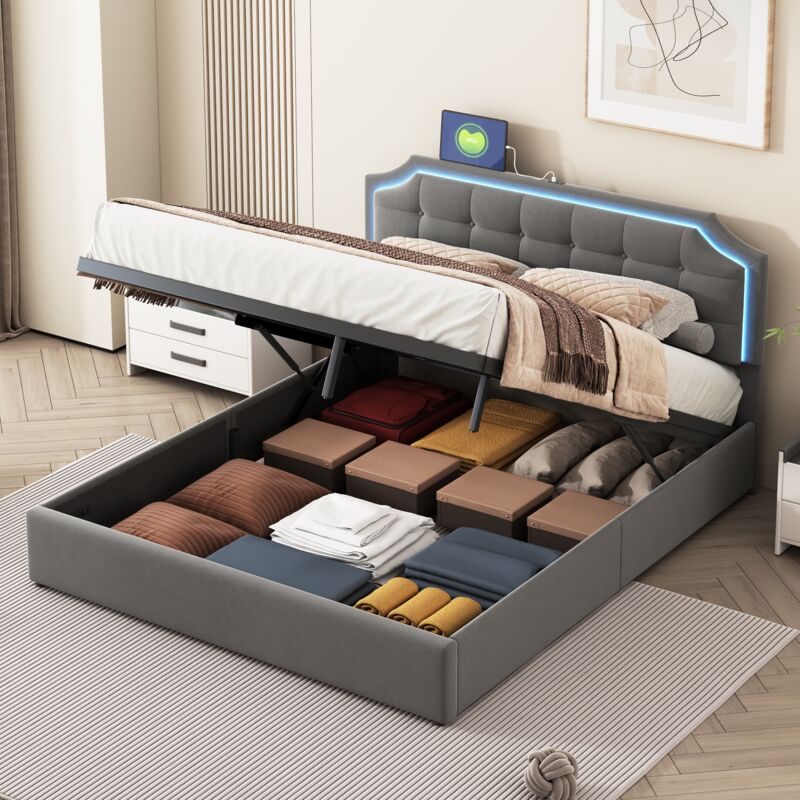 Tanant - Lit coffre 140x200cm - velours, tête de lit double avec éclairage led, lit coffre hydraulique, cadre de lit, sommier à lattes, lit adulte,