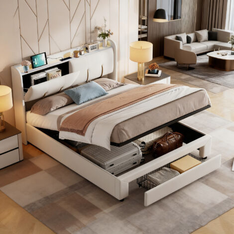 Lit Coffre 160x200cm,2 USB et 2 Prises,Tête de Lit LED avec Rangement,Cadre de Lit Adulte Adolescent,Lit 2 Place,Velours,Beige