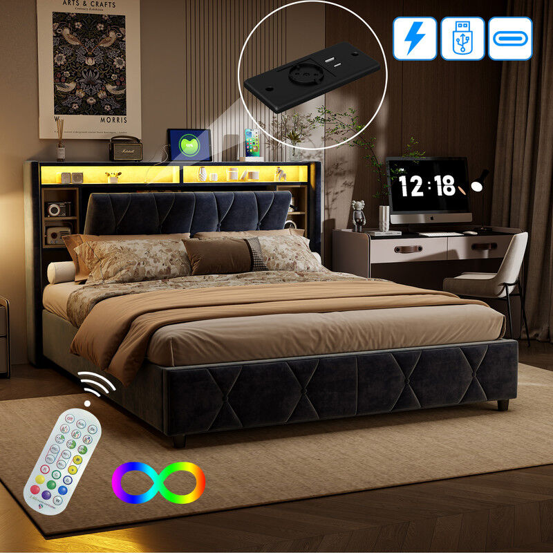 Blanketswarm - Lit coffre 160x200cm,lit à fonction hydraulique,tête de lit avec rangements et bande lumineuse LED,lit double avec chargement USB,lit