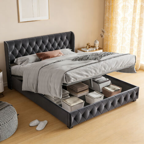 Lit Coffre 160x200cm,Lit Double 2 Personnes avec Tête de Lit Capitonné Velours,Cadre de Lit Adulte Adolescents avec Sommier a Lattes,Gris