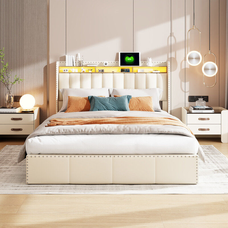 Sureh - Lit coffre 160x200,lit 160x200,lit adult,avec sommier,Tête de lit avec éclairage LED,décoration de rivets,tissu en velours,Beige