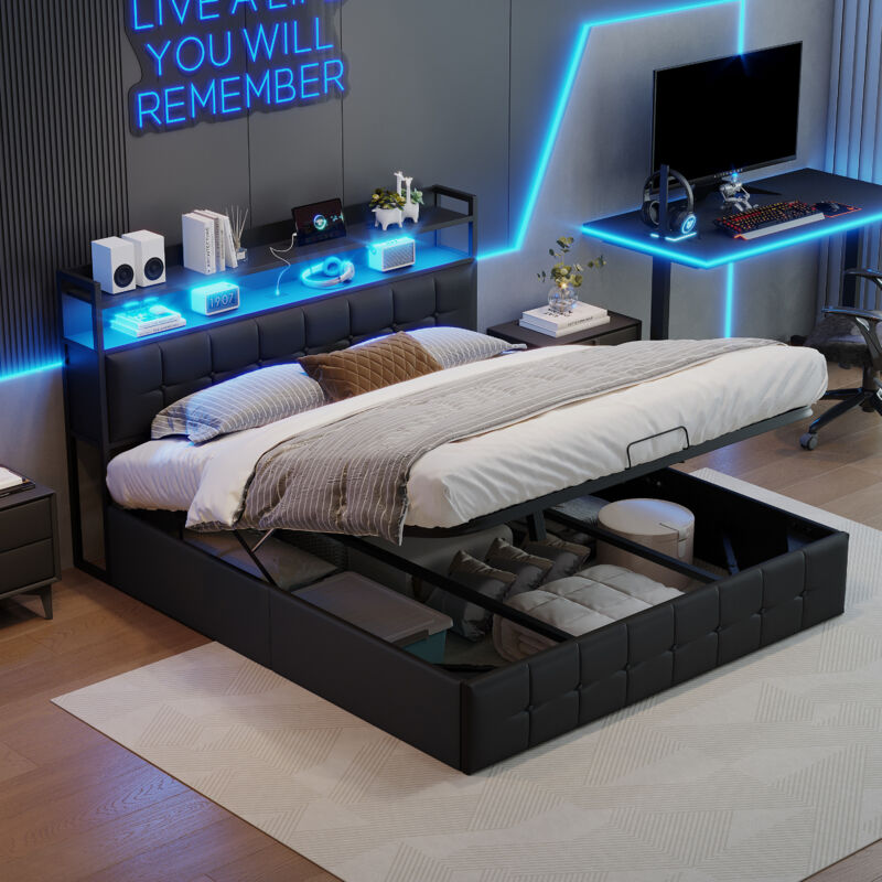 Lit coffre 160x200,lit 160x200,lit double capitonné,lit adulte,avec sommier,LED réglable et chargement USB,tissu en PU,Noir